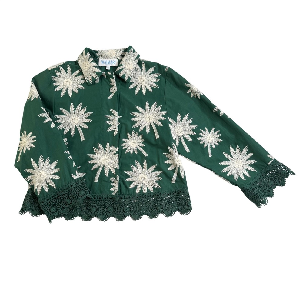 WAIMARI Tayrona Green Embroidered Palm Tree Jacket Cotton Lace Trim Small S